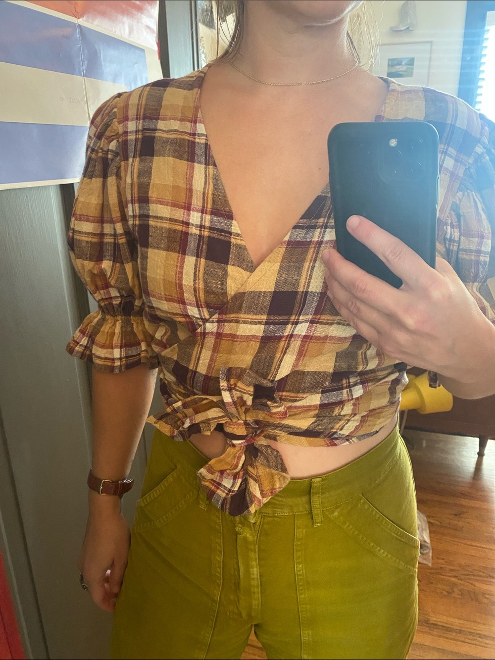Daughters of India Lalika Plaid Tie-Front Crop Top in Mustard/Burgundy - Women